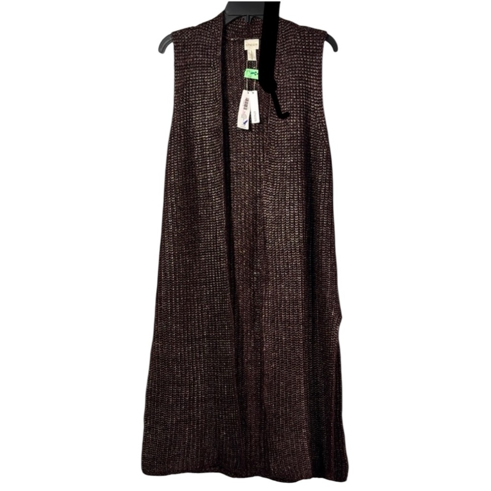 Chico’s Vest Burgundy Knit‎ Long Open Front Split Hemline in Size 1/M  NWT